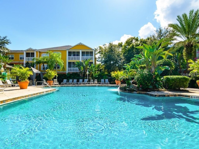 view of swimming pool with a patio area