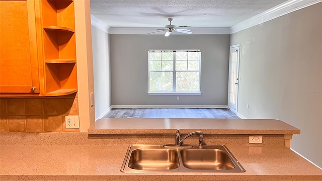 kitchen with sink, a textured ceiling, ceiling fan, hardwood / wood-style flooring, and ornamental molding