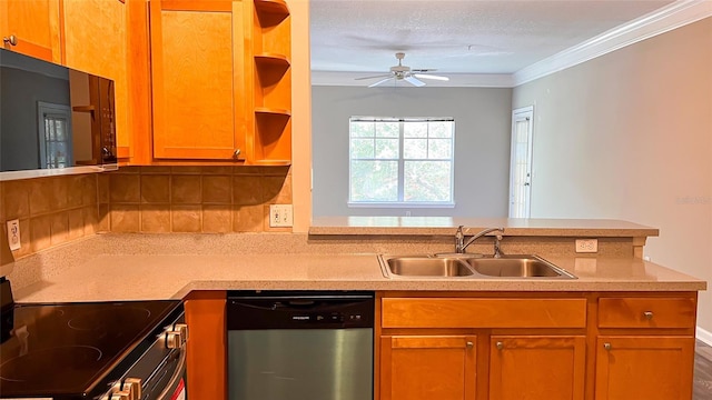 kitchen featuring sink, crown molding, tasteful backsplash, appliances with stainless steel finishes, and ceiling fan