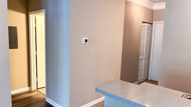 corridor featuring crown molding, electric panel, and hardwood / wood-style floors