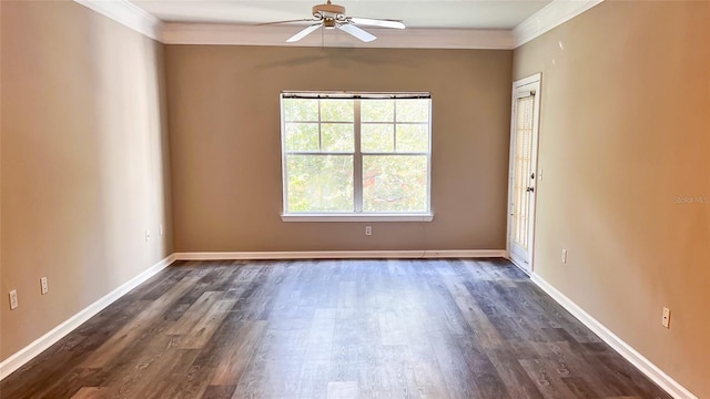 unfurnished room featuring ceiling fan, ornamental molding, and dark hardwood / wood-style flooring