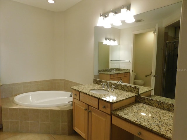 full bathroom with toilet, independent shower and bath, vanity, and tile patterned flooring