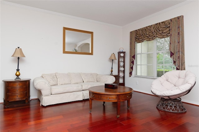 living room featuring dark hardwood / wood-style flooring and ornamental molding