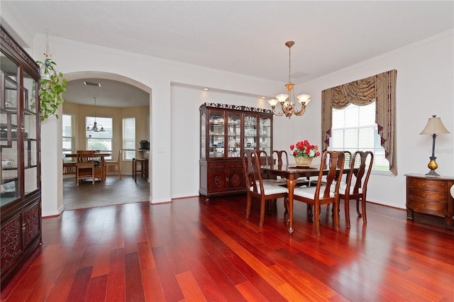 dining area featuring ornamental molding, hardwood / wood-style floors, and a chandelier