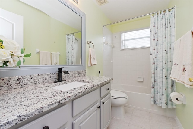 full bathroom with vanity, tile patterned flooring, shower / bath combination with curtain, and toilet