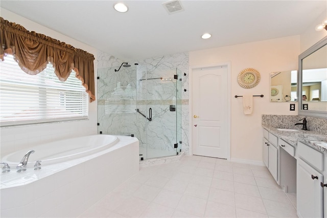 bathroom with vanity and plus walk in shower