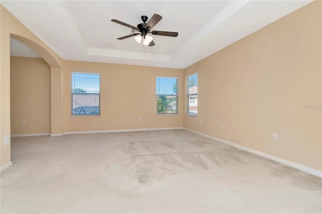 carpeted spare room with a wealth of natural light, a raised ceiling, and ceiling fan