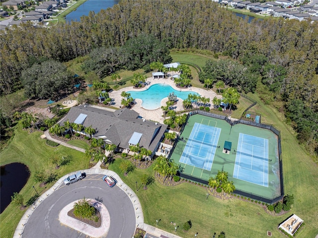 drone / aerial view with a water view