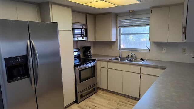 kitchen with appliances with stainless steel finishes, sink, light wood-type flooring, and backsplash