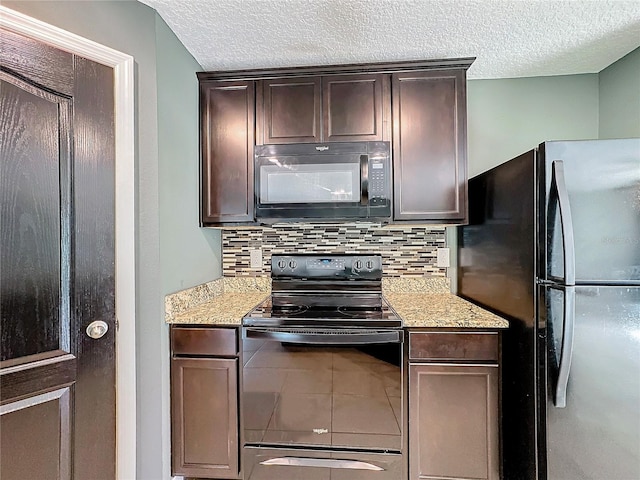 kitchen with dark brown cabinetry, a textured ceiling, black appliances, and decorative backsplash