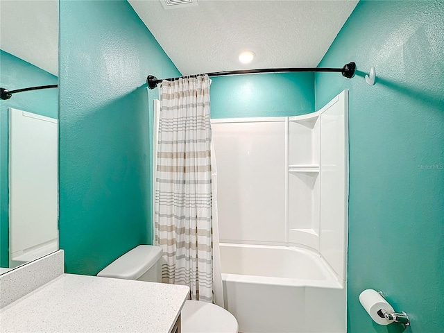 full bathroom featuring toilet, vanity, a textured ceiling, and shower / bathtub combination with curtain