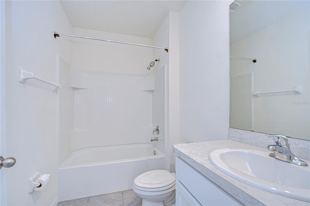 full bathroom with tile patterned flooring, vanity,  shower combination, and toilet