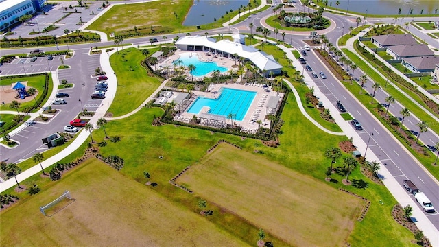 bird's eye view with a water view