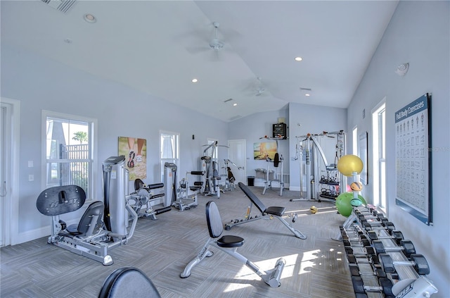 workout area featuring carpet flooring, high vaulted ceiling, and ceiling fan