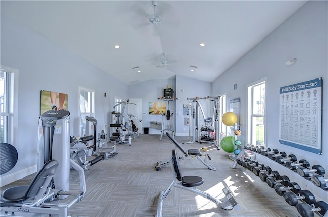 exercise room featuring ceiling fan and lofted ceiling