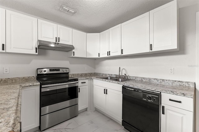 kitchen with sink, a textured ceiling, white cabinetry, dishwasher, and electric range