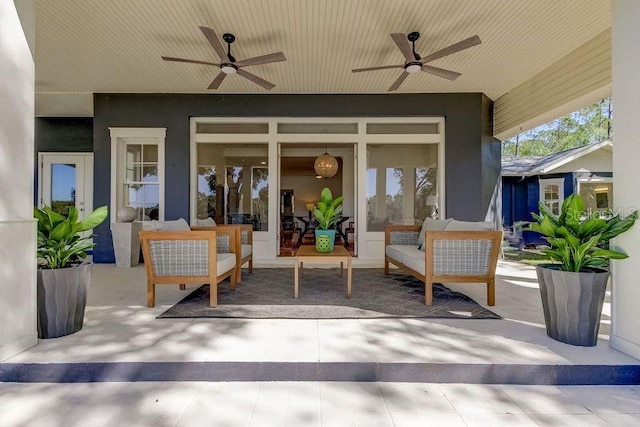 view of patio / terrace with ceiling fan and an outdoor hangout area