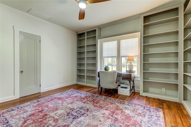 office with hardwood / wood-style floors and ceiling fan