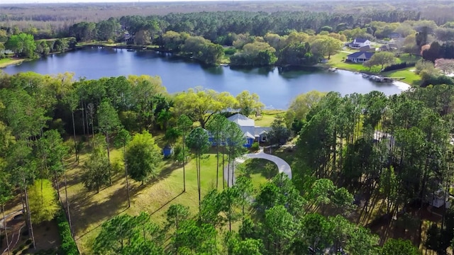 drone / aerial view with a water view