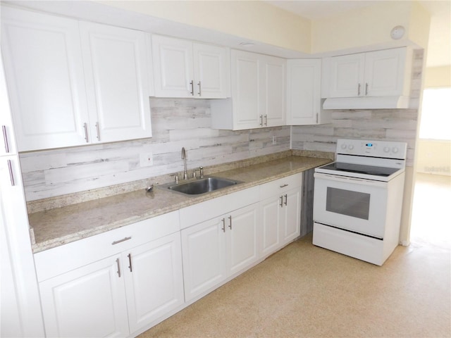 kitchen featuring decorative backsplash, white cabinetry, sink, and white electric range