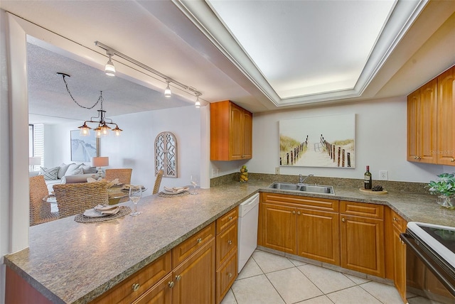 220 Belleview Blvd Unit 802, Belleair, FL 33756 - kitchen with a sink, range with electric cooktop, white dishwasher, brown cabinets, and a chandelier