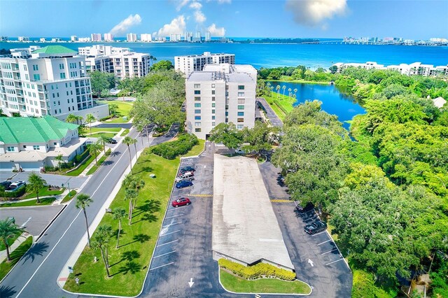 aerial view featuring a water view