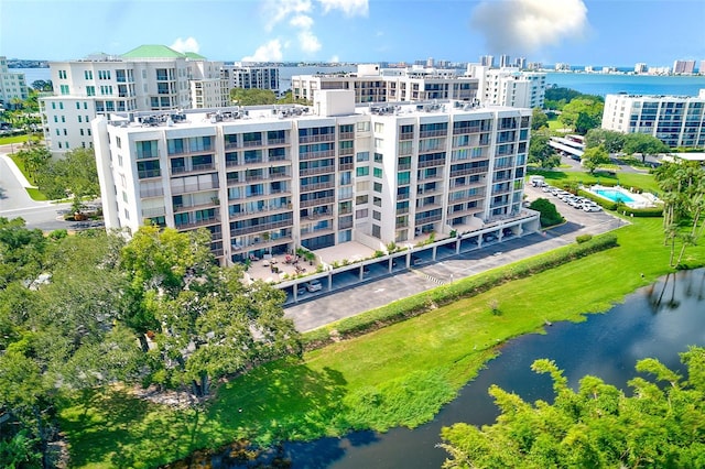 drone / aerial view with a water view