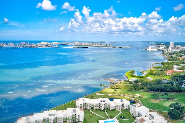 bird's eye view with a water view