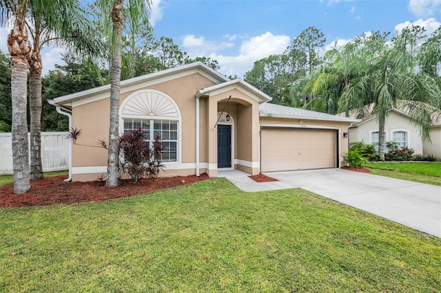 single story home with a garage and a front lawn