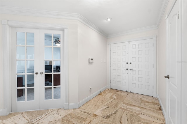 entryway featuring french doors, ornamental molding, and ceiling fan