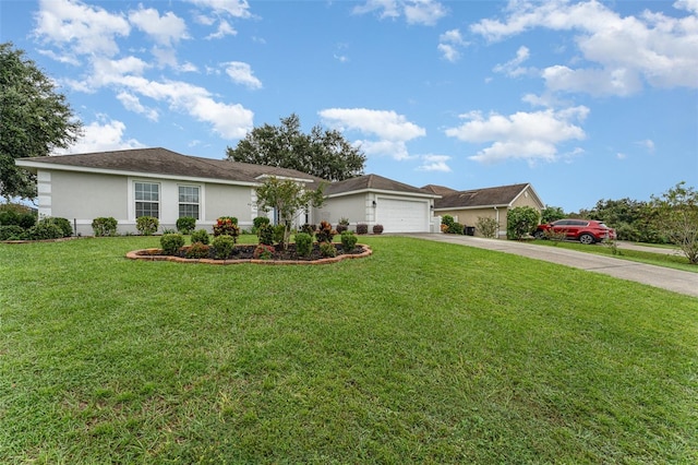 ranch-style home featuring a front lawn and a garage