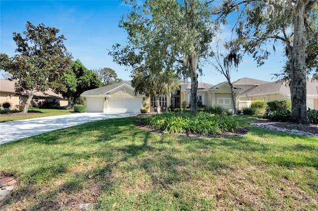 single story home featuring a garage and a front lawn