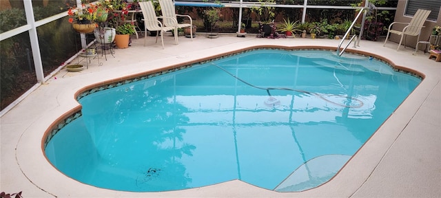 view of pool featuring glass enclosure and a patio area