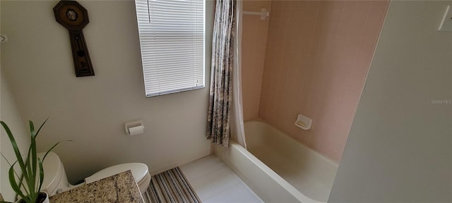 bathroom with shower / bathtub combination with curtain, tile patterned floors, and toilet