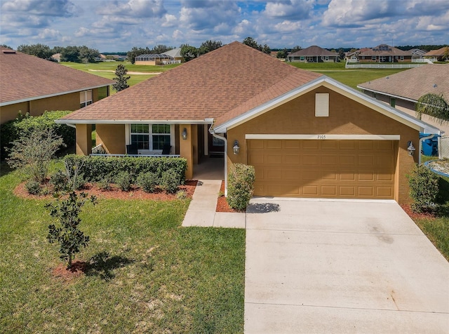 single story home featuring a garage and a front lawn