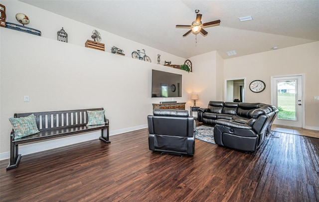 living room featuring high vaulted ceiling, ceiling fan, dark wood-type flooring, and a textured ceiling