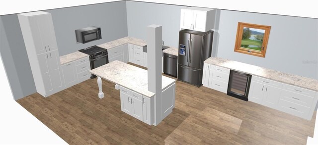 kitchen with light stone countertops, white cabinetry, light wood-style floors, and black appliances