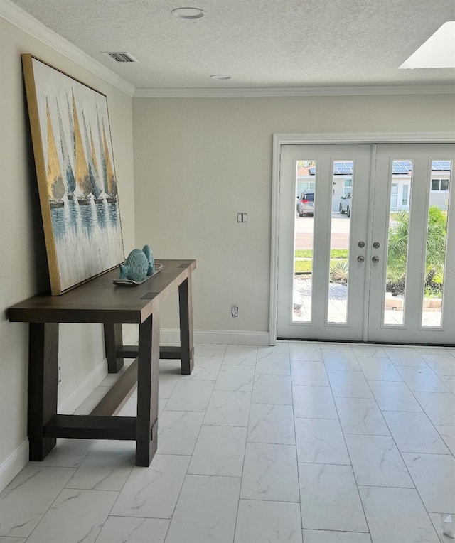 doorway to outside featuring marble finish floor, baseboards, ornamental molding, and french doors