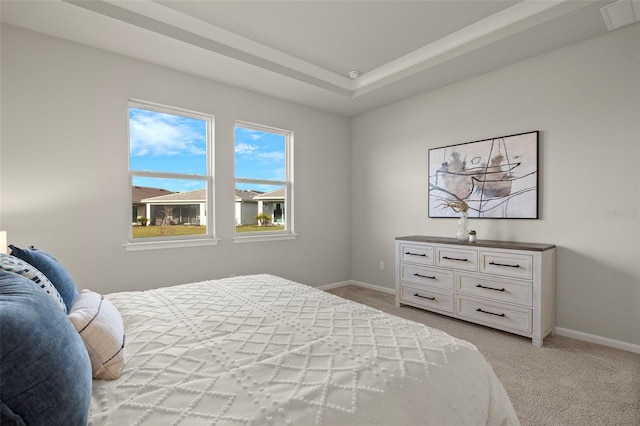 carpeted bedroom with a raised ceiling