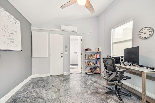 home office with vaulted ceiling, a wall mounted AC, and ceiling fan