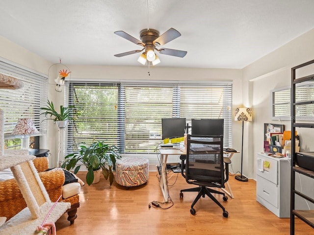 office space featuring light wood-type flooring and ceiling fan