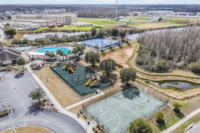 aerial view featuring a water view