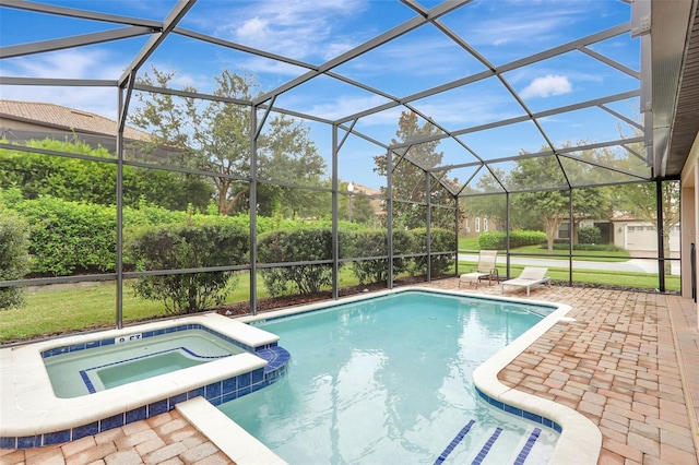 view of pool featuring an in ground hot tub, a patio area, and a lanai