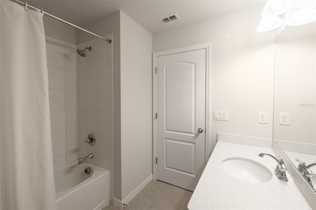 bathroom with tile patterned flooring, shower / tub combo, and vanity