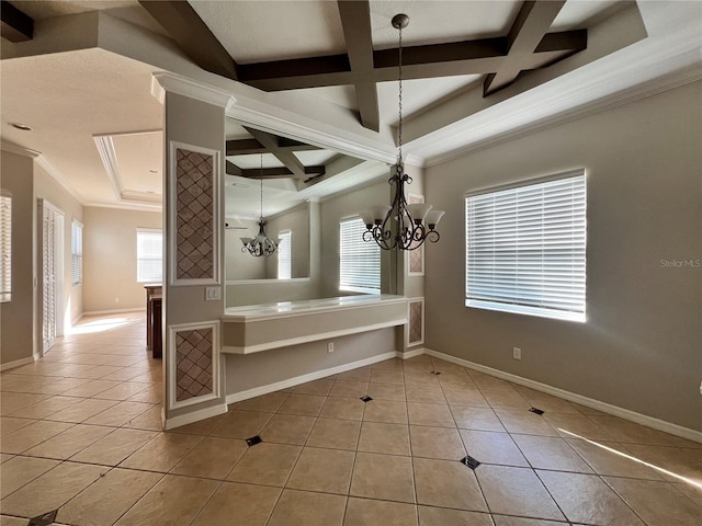 interior space with light tile patterned flooring, beam ceiling, a chandelier, coffered ceiling, and crown molding