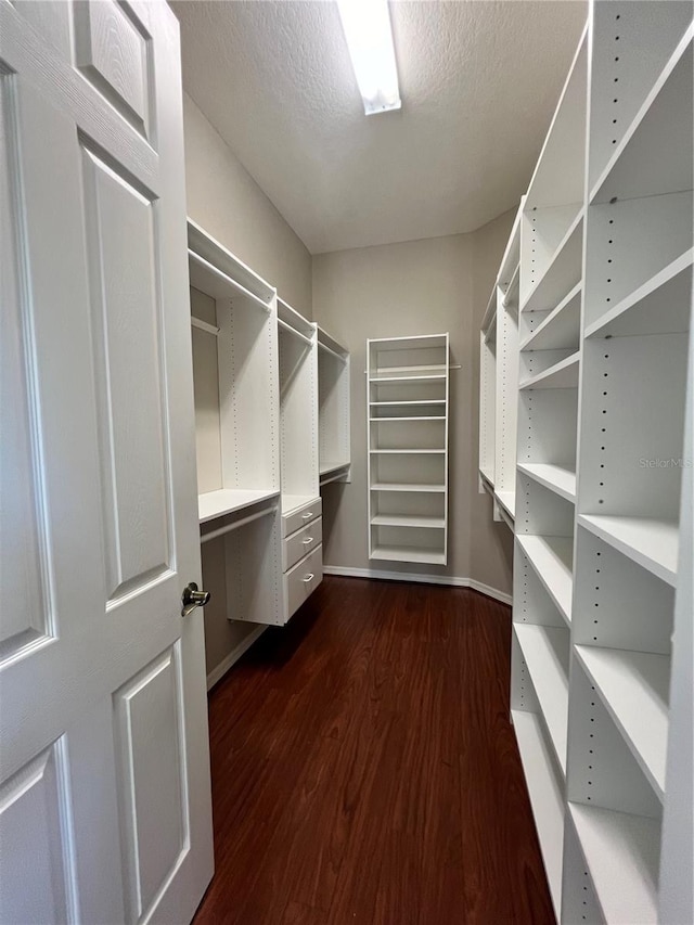 walk in closet featuring built in desk and dark hardwood / wood-style flooring