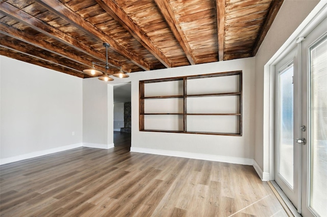 interior space featuring light hardwood / wood-style floors, wood ceiling, and beam ceiling