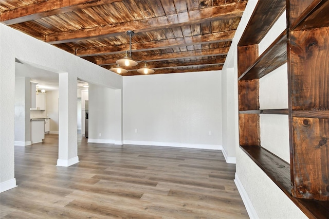 basement with dark hardwood / wood-style flooring and wooden ceiling