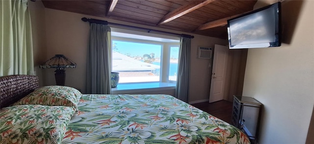 bedroom with beamed ceiling, dark hardwood / wood-style flooring, a wall mounted air conditioner, and wood ceiling