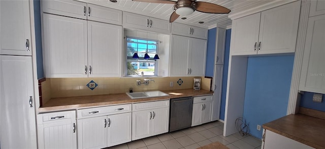 kitchen featuring white cabinetry, sink, ceiling fan, and stainless steel dishwasher